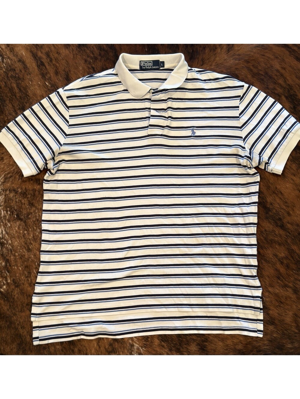 Polo Ralph Lauren Polo Shirt Mens Large Classic Fit Navy Striped Baby Blue Pony
